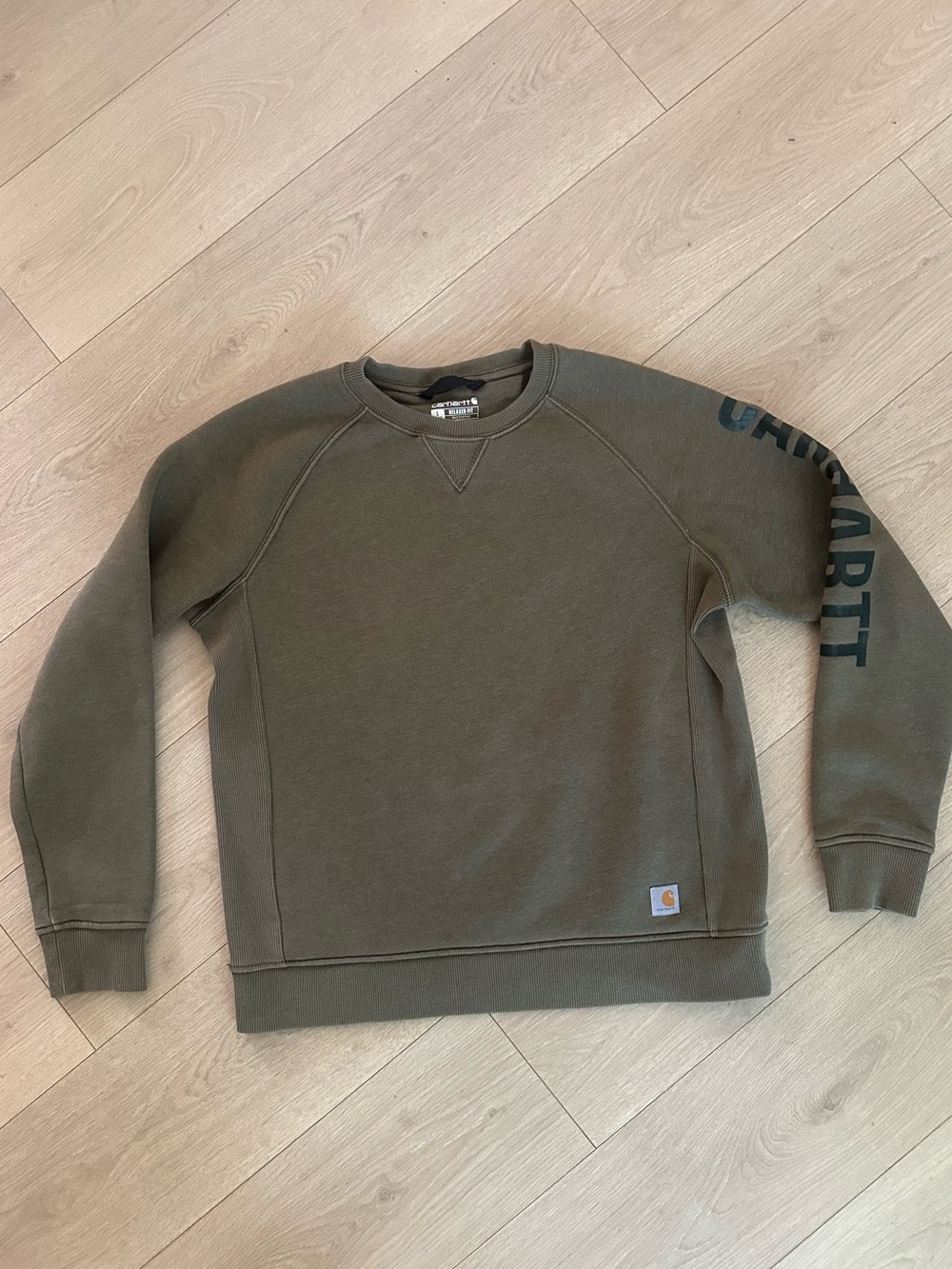 Carhartt Women’s Large 12-14 Olive Green Crewneck with Branding on Sleeve